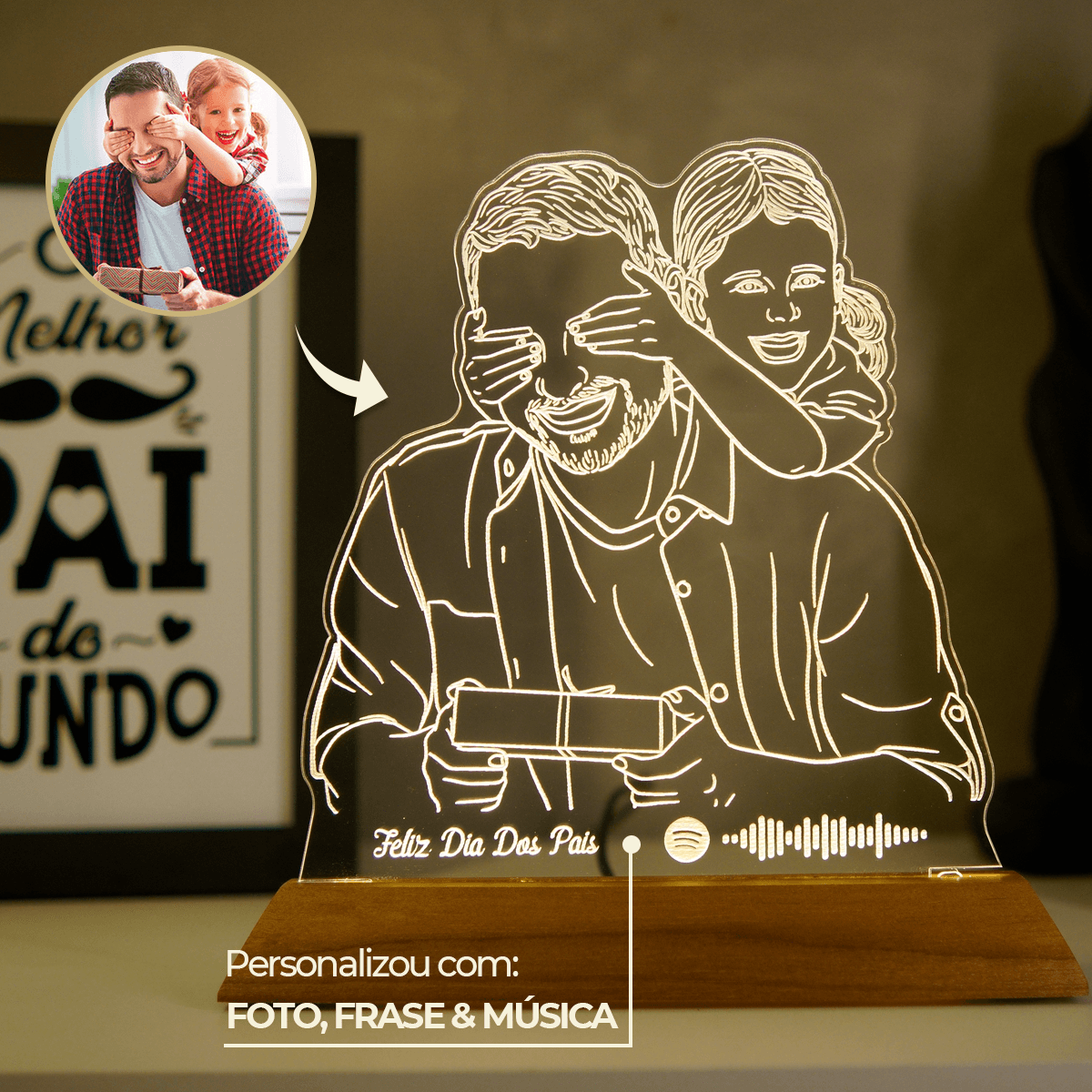 Luminária Pai - Personalizada Com Foto, Frase e Música