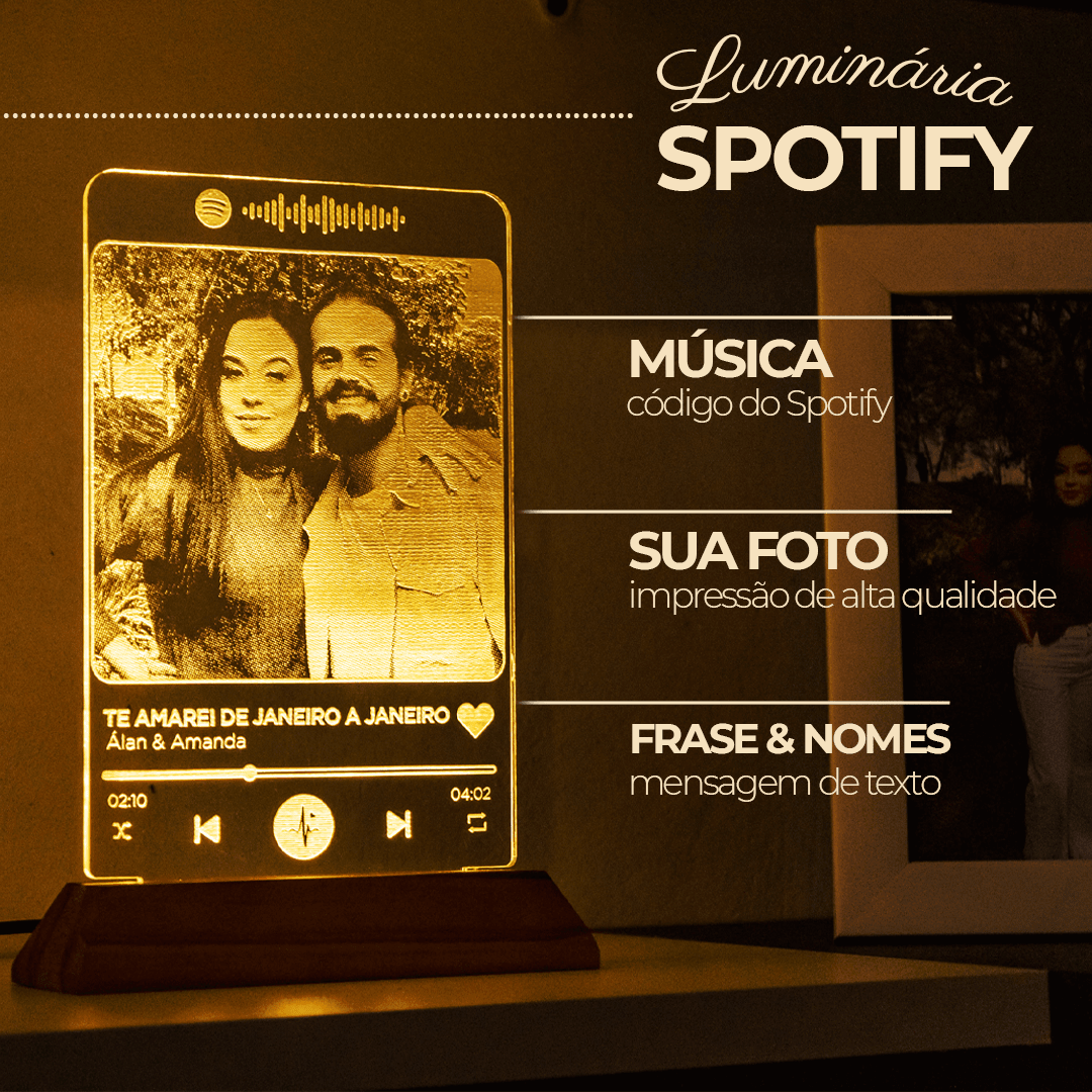 Luminária Spotify - Personalizada com Foto, Frase, Nomes e Música